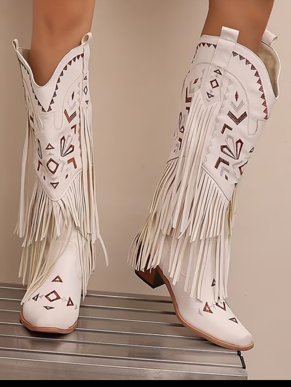 Women's Cowboy Boots White Pointed Toe Chunky Heel Cowboy Boots - Picture 4 of 7